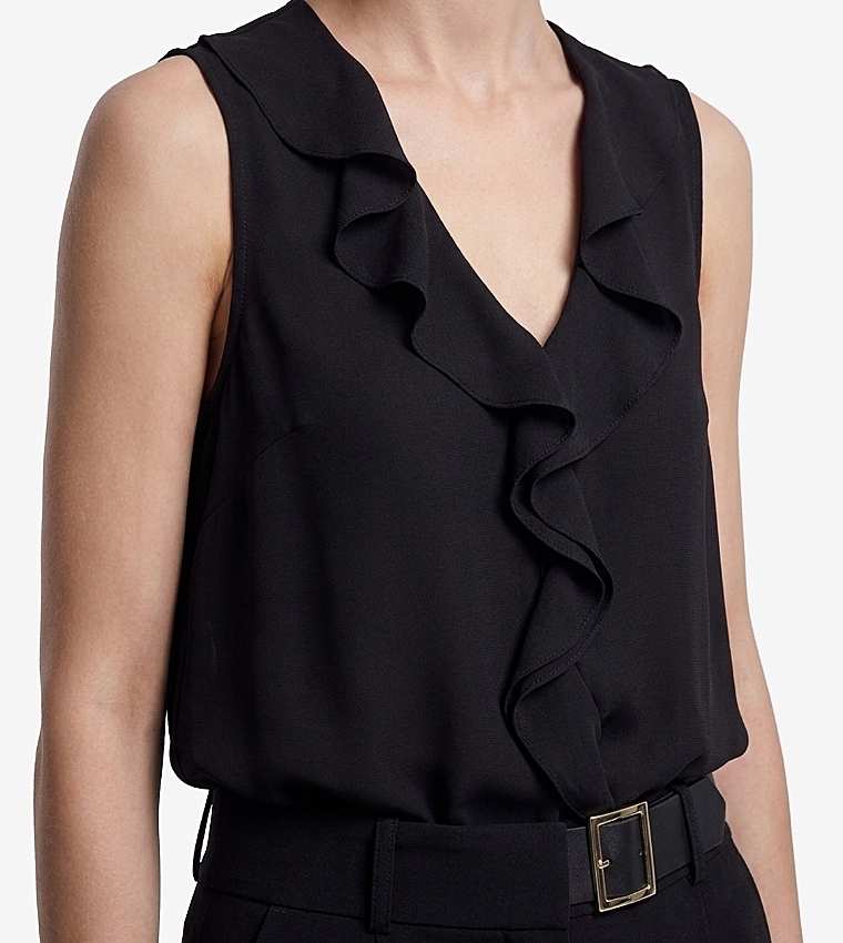 Solid Ruffle V-Neck Sleeveless Top
