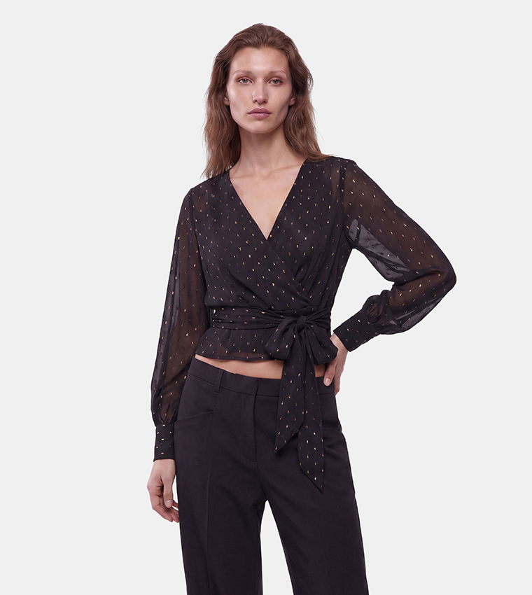 Printed V-Neck Wrap Top