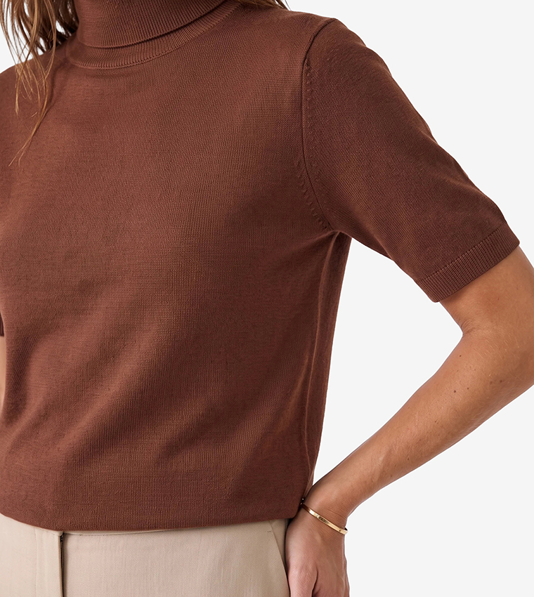 Solid Turtle Neck Short Sleeves Sweater