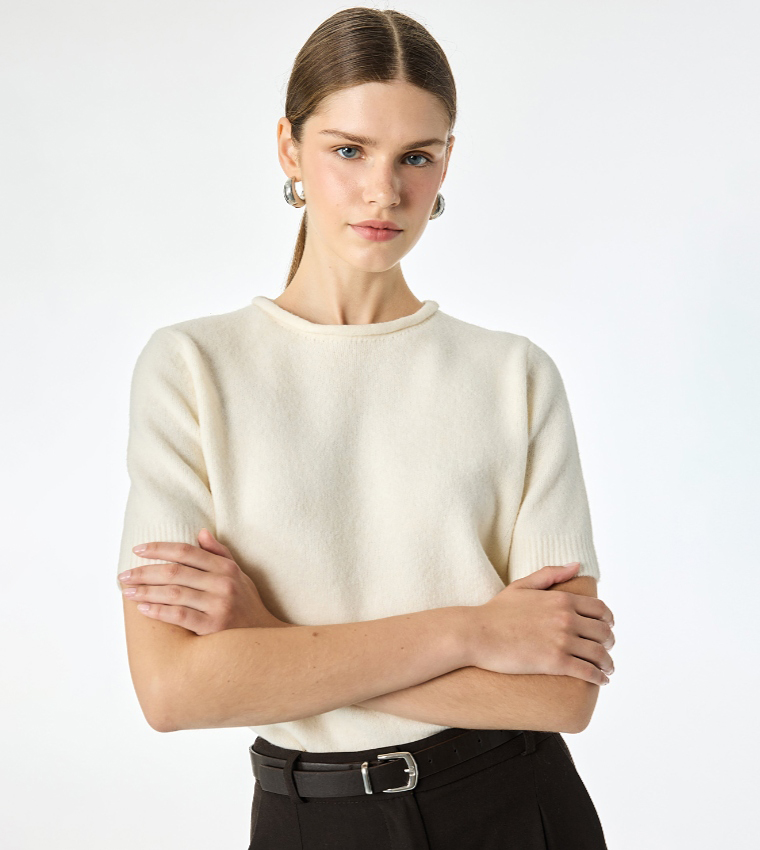 Solid Crew Neck Short Sleeves Sweater