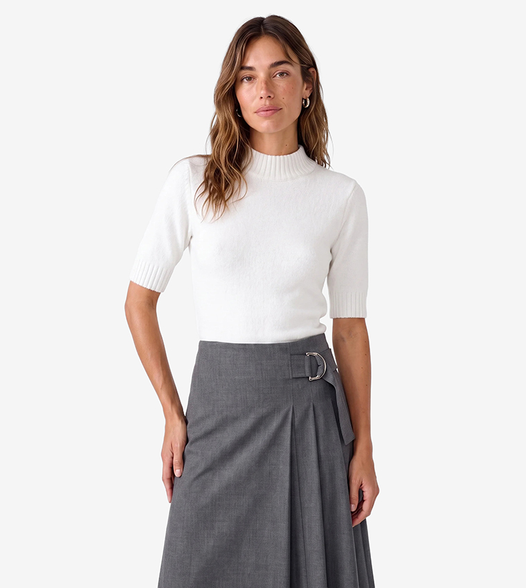 Solid Mock Neck Short Sleeves Sweater