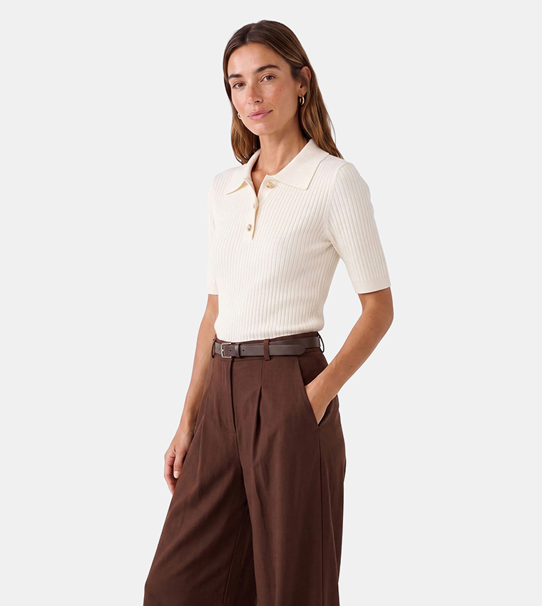 Ribbed Collared Short Sleeves Sweater
