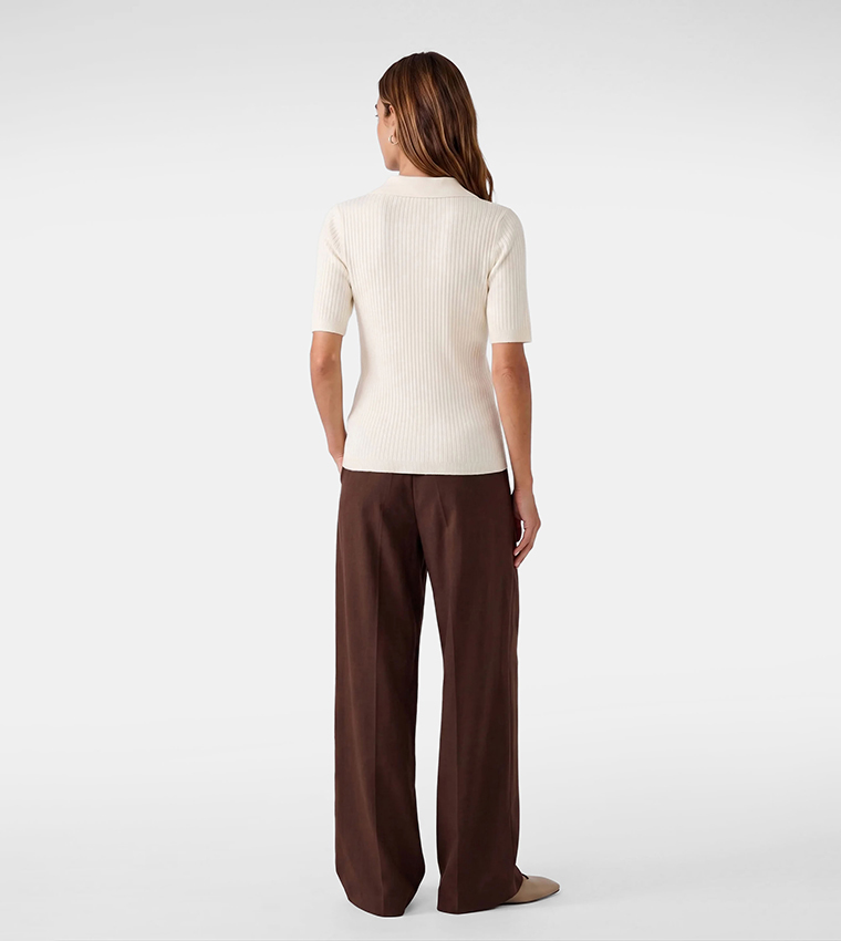 Ribbed Collared Short Sleeves Sweater