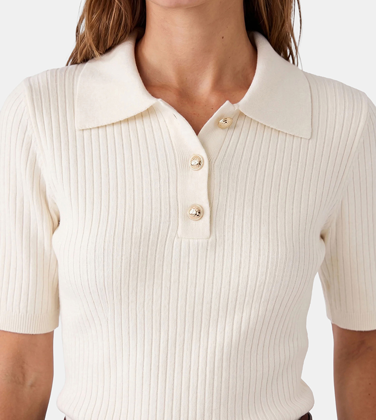 Ribbed Collared Short Sleeves Sweater