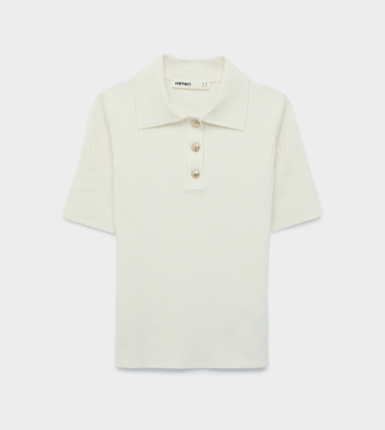 Ribbed Collared Short Sleeves Sweater