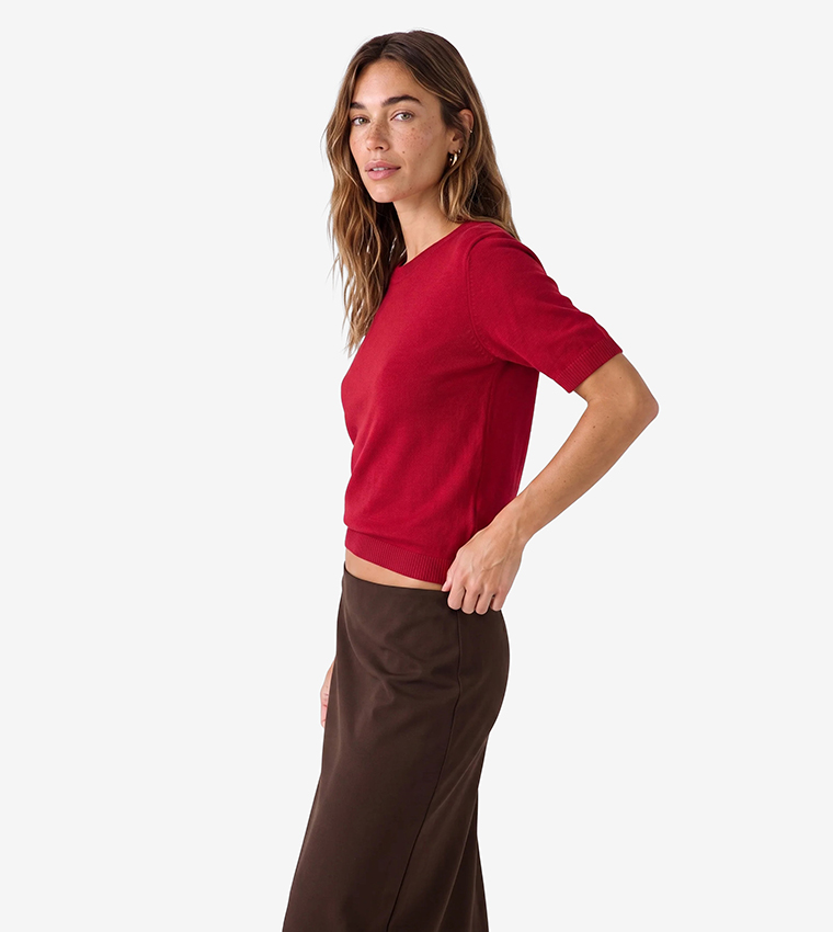 Solid Crew Neck Short Sleeves Sweater