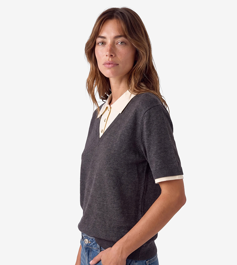 Colorblock Collared Short Sleeves Sweater