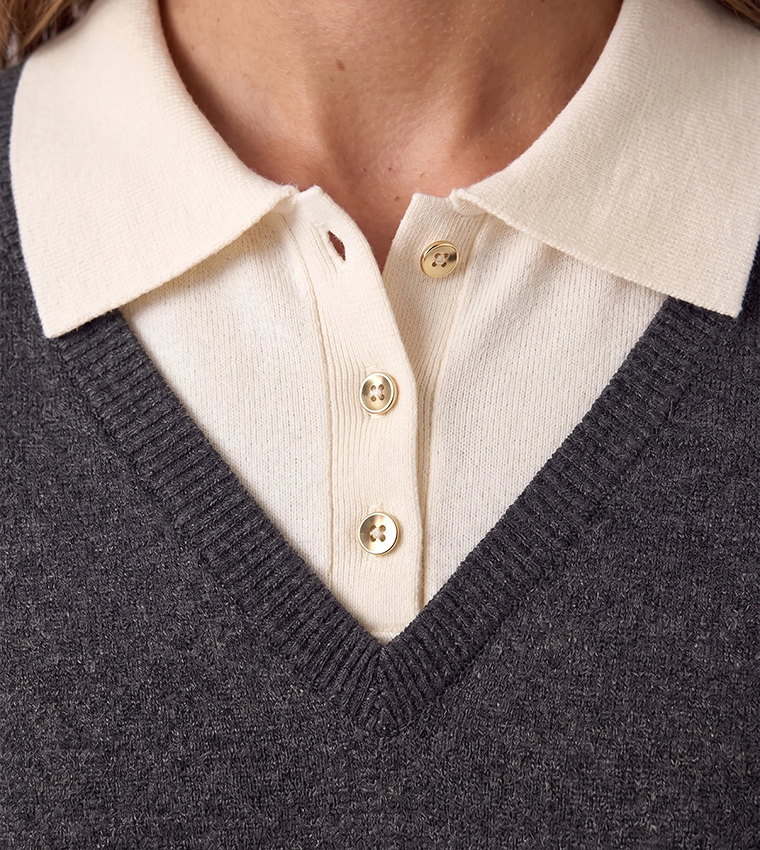 Colorblock Collared Short Sleeves Sweater