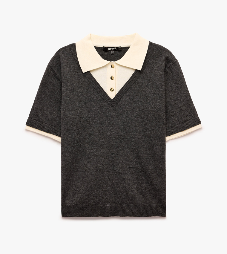 Colorblock Collared Short Sleeves Sweater