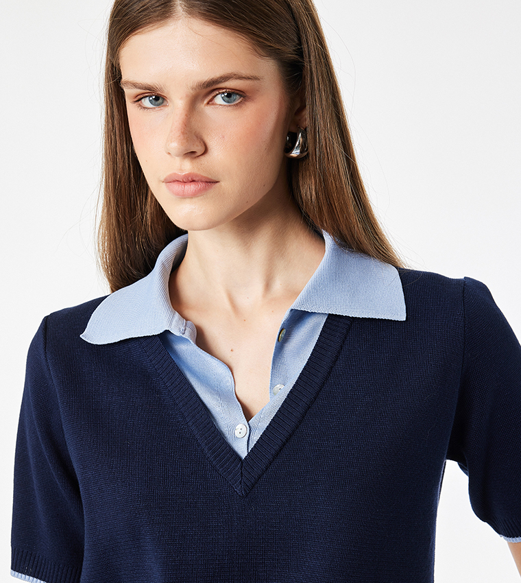 Solid Collared Short Sleeve Sweater