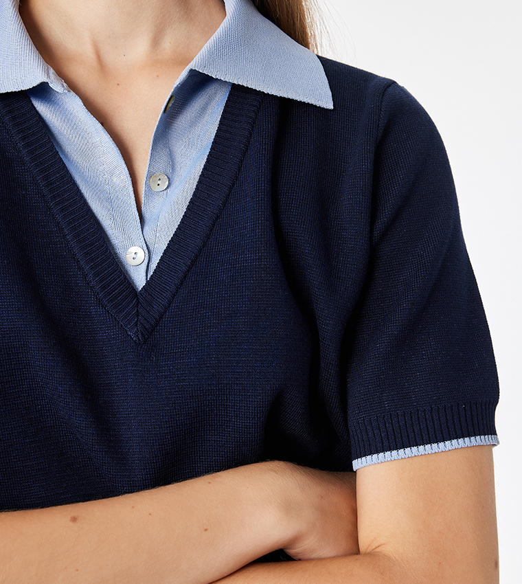 Solid Collared Short Sleeve Sweater