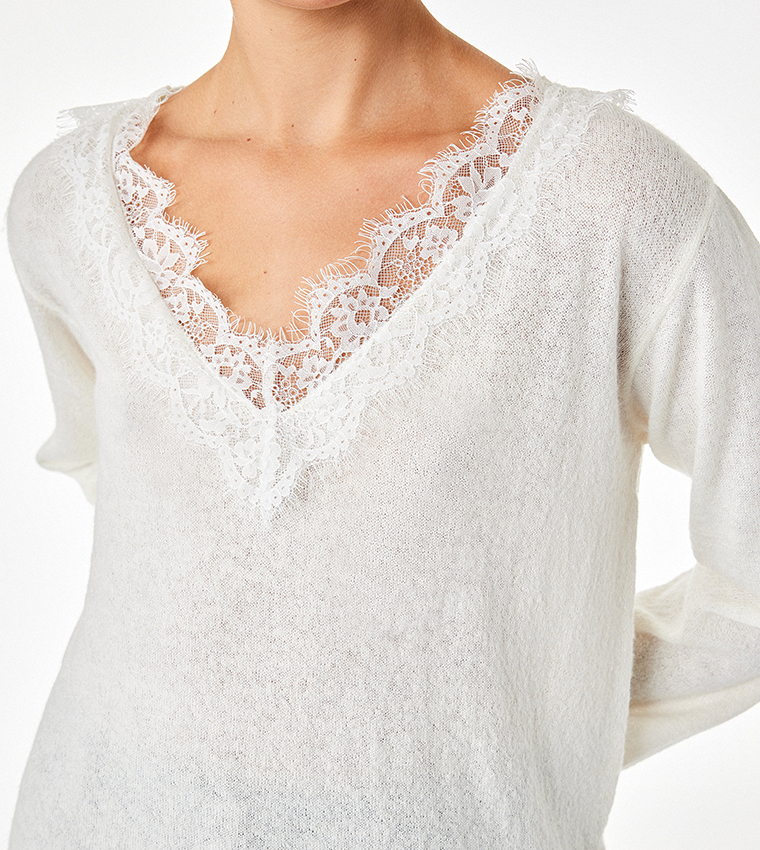 Lace Trim V-Neck Oversized Sweater