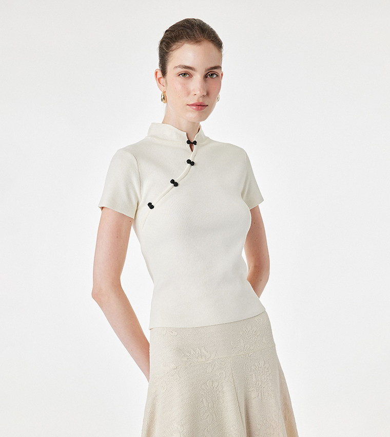 Solid Mandarin Collar Short Sleeves Top