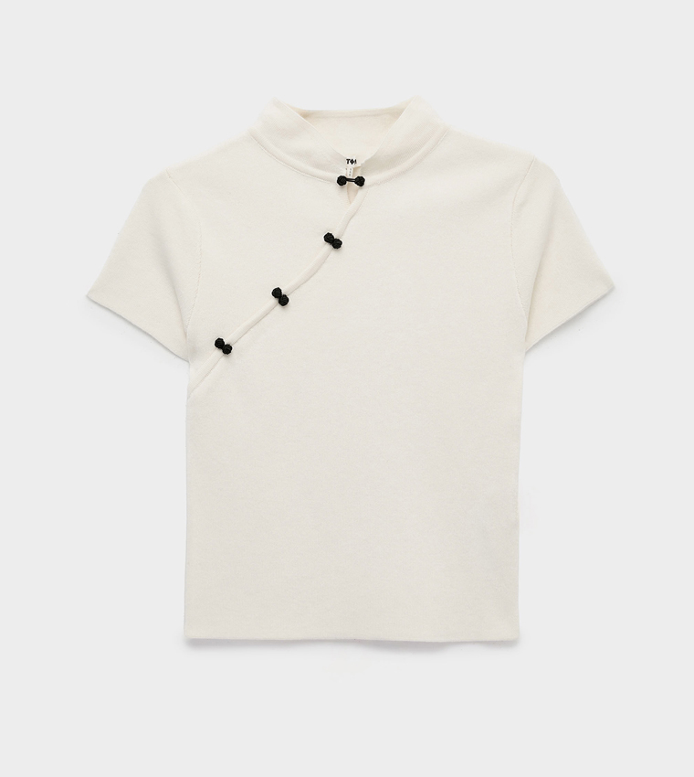 Solid Mandarin Collar Short Sleeves Top