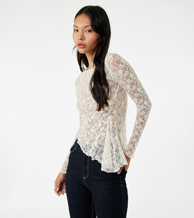 Lace Asymmetric Long Sleeves Top
