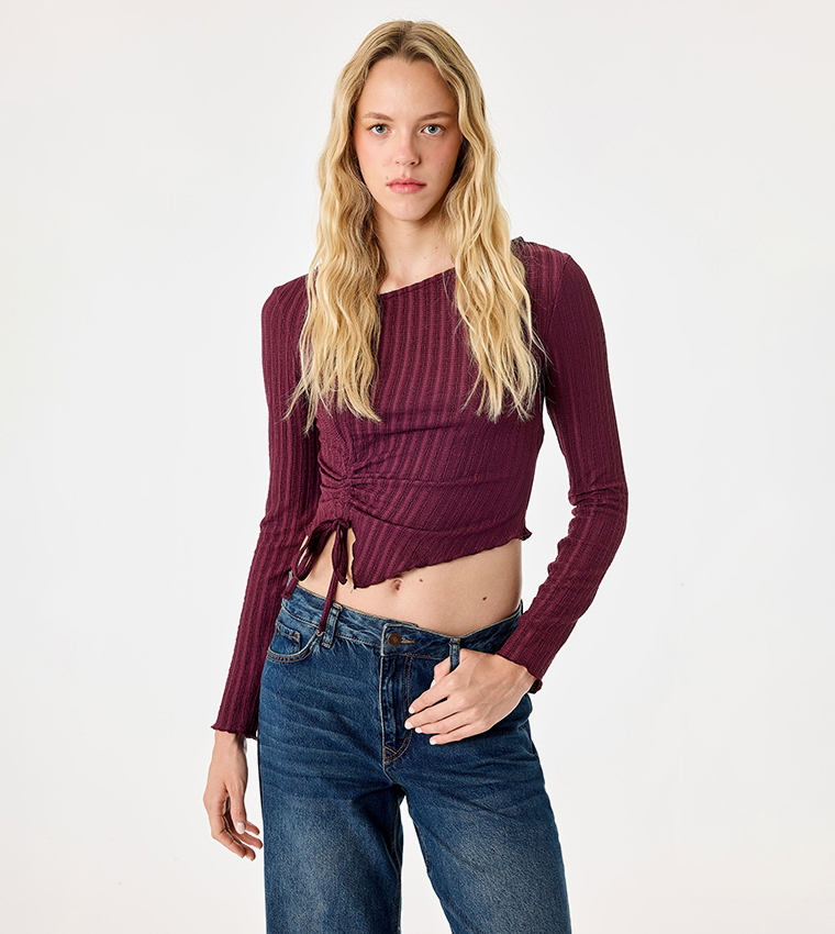 Ribbed Boat Neck Drawstring Cropped Top