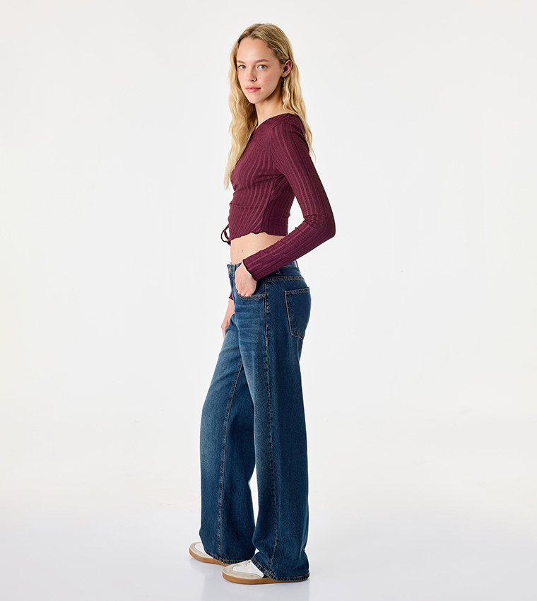 Ribbed Boat Neck Drawstring Cropped Top