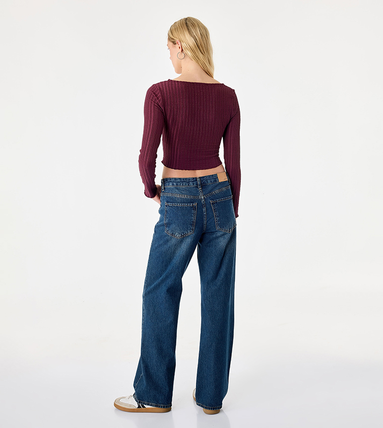 Ribbed Boat Neck Drawstring Cropped Top