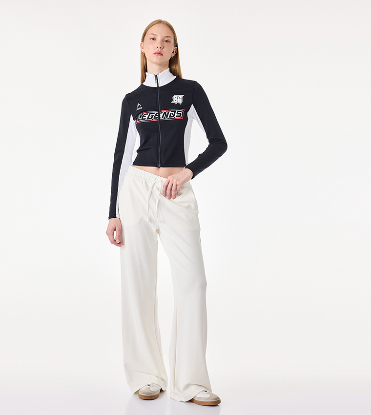 Graphic Zip-Up High Neck Cropped Top