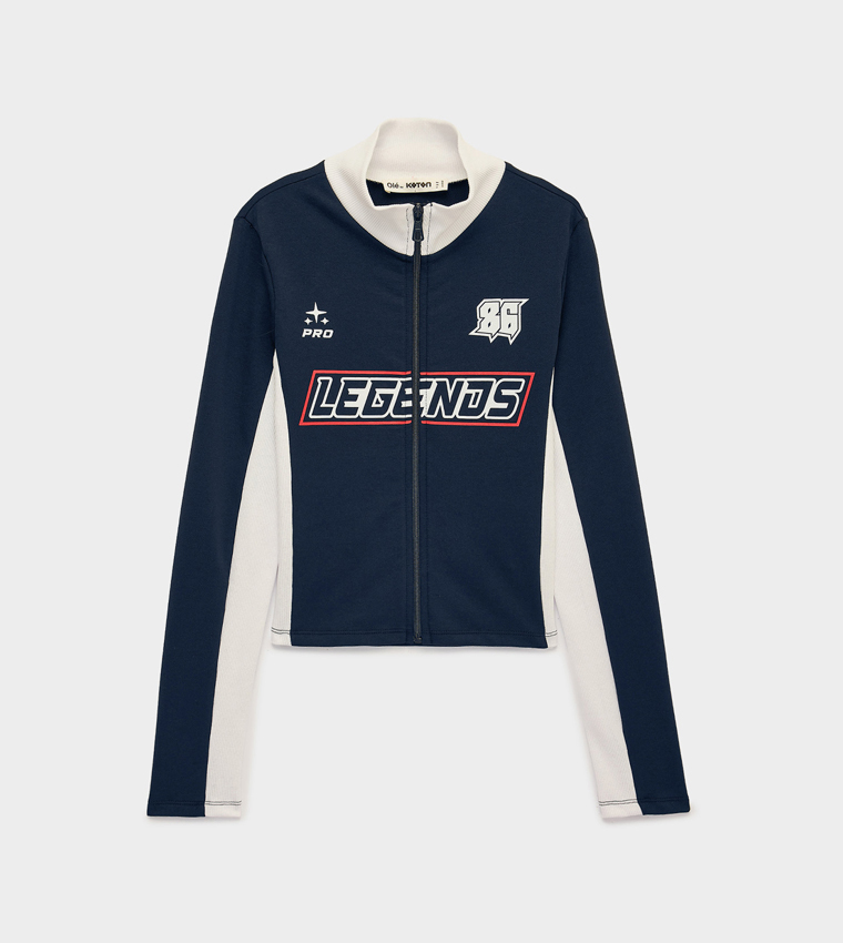 Graphic Zip-Up High Neck Cropped Top