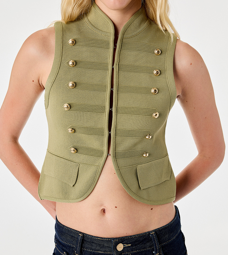 Solid Gold-Tone Button High Neck Waistcoat
