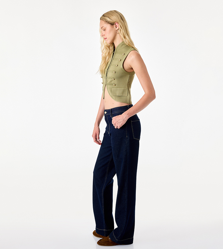 Solid Gold-Tone Button High Neck Waistcoat