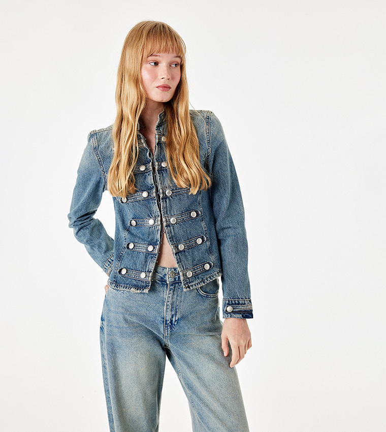 Washed Button Detail Denim Jacket
