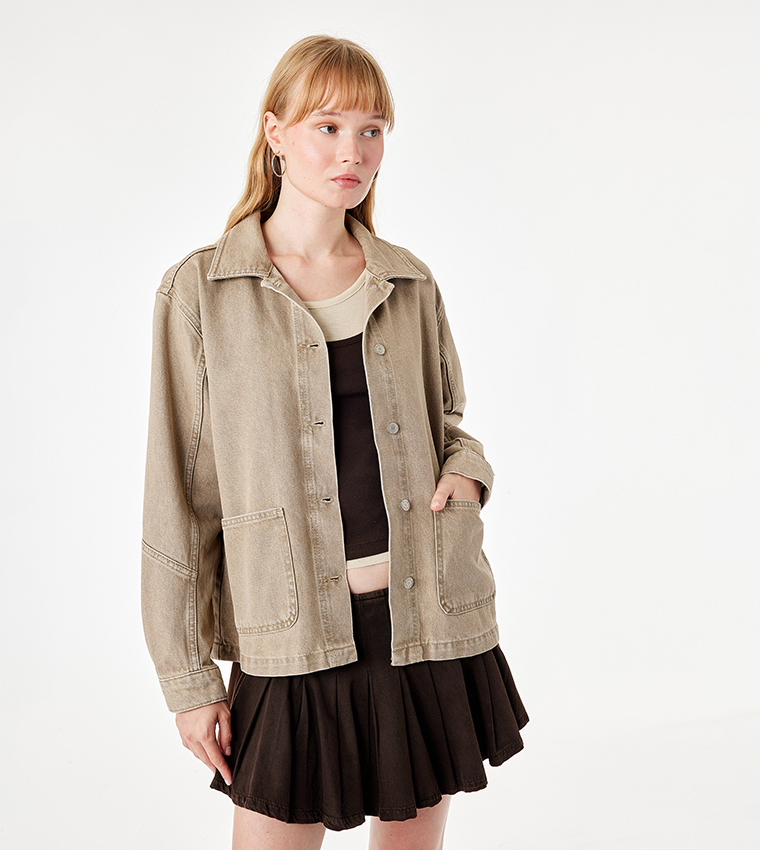 Washed Button Closure Casual Jacket