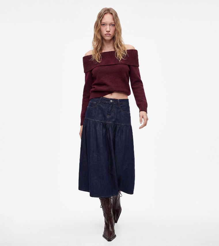 Solid Tiered Midi Skirt