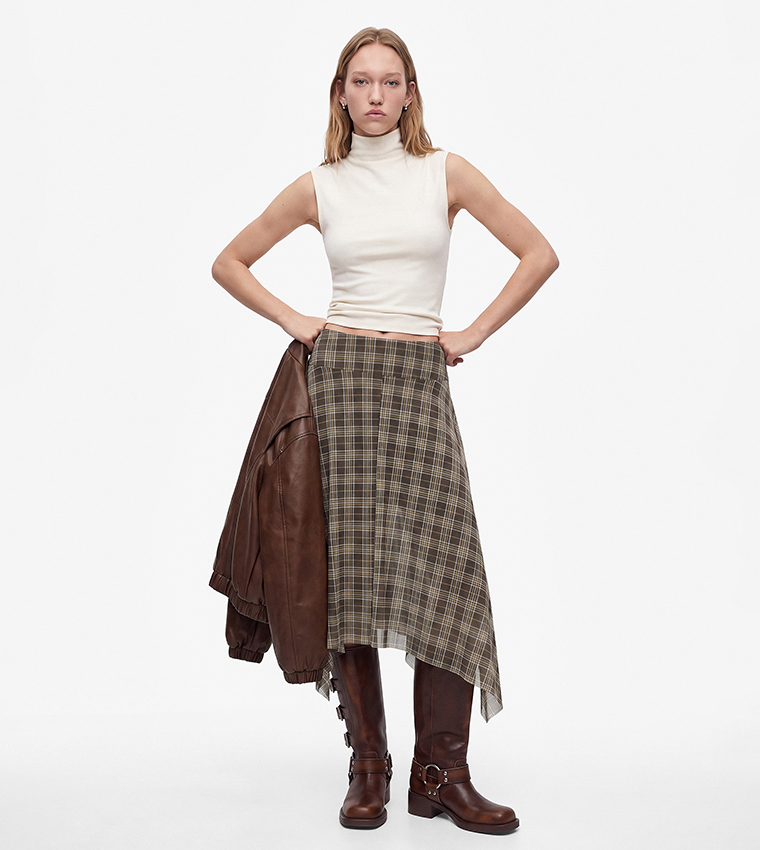 Check Asymmetric Midi Skirt