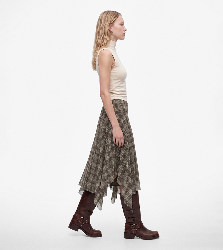 Check Asymmetric Midi Skirt
