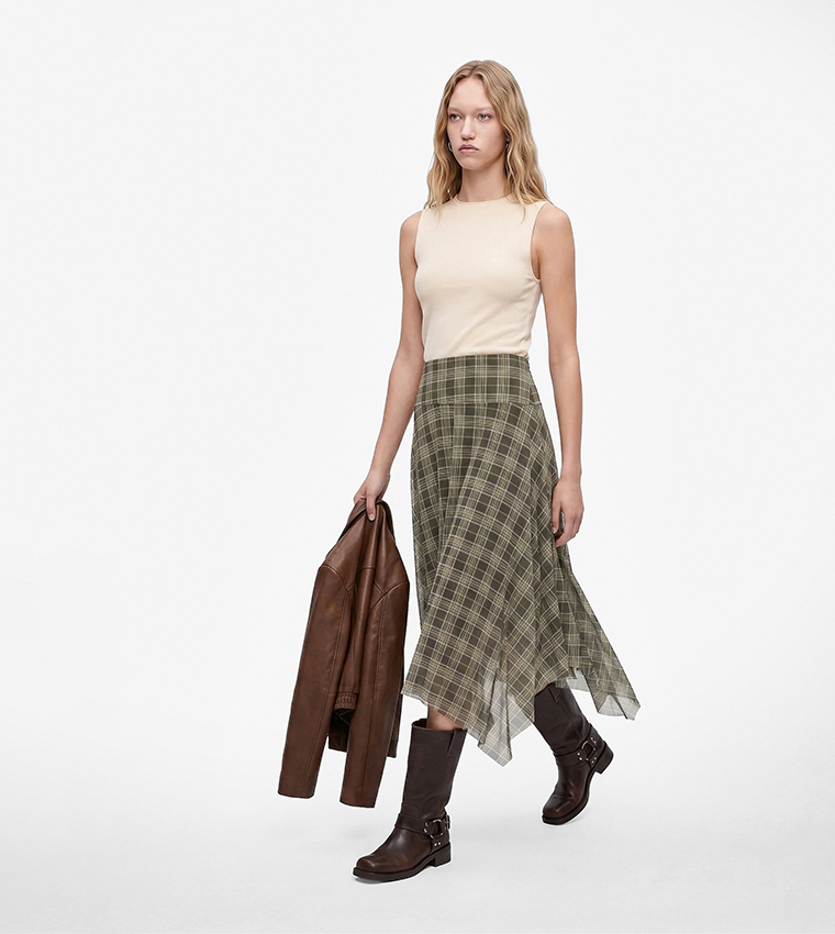 Check Asymmetric Midi Skirt