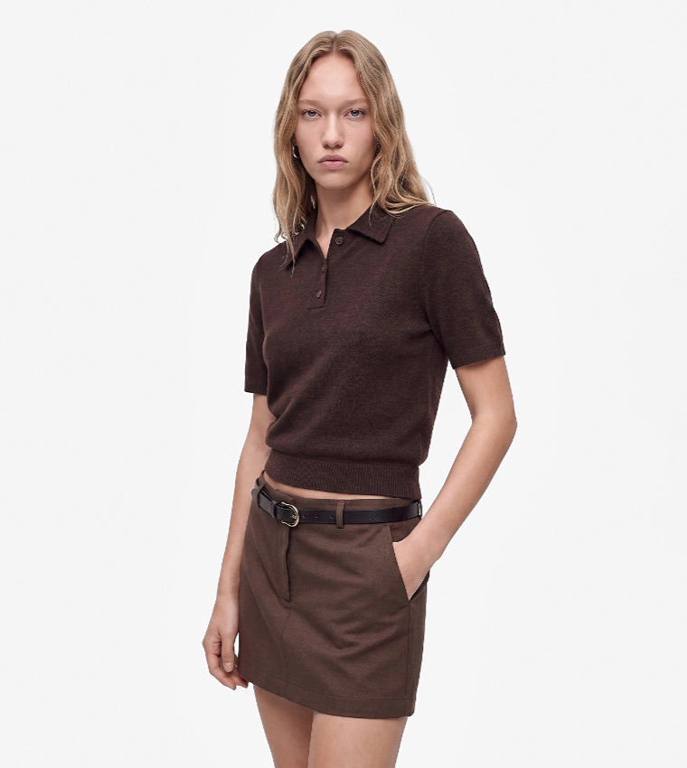 Knitted Collared Short Sleeves Sweater
