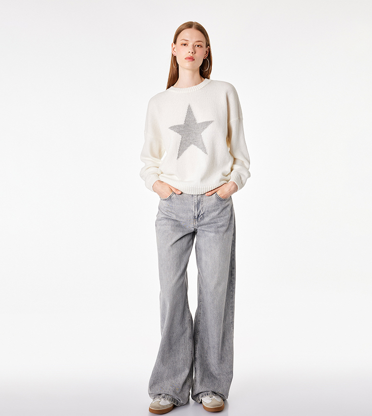 Patterned Crew Neck Oversized Sweater
