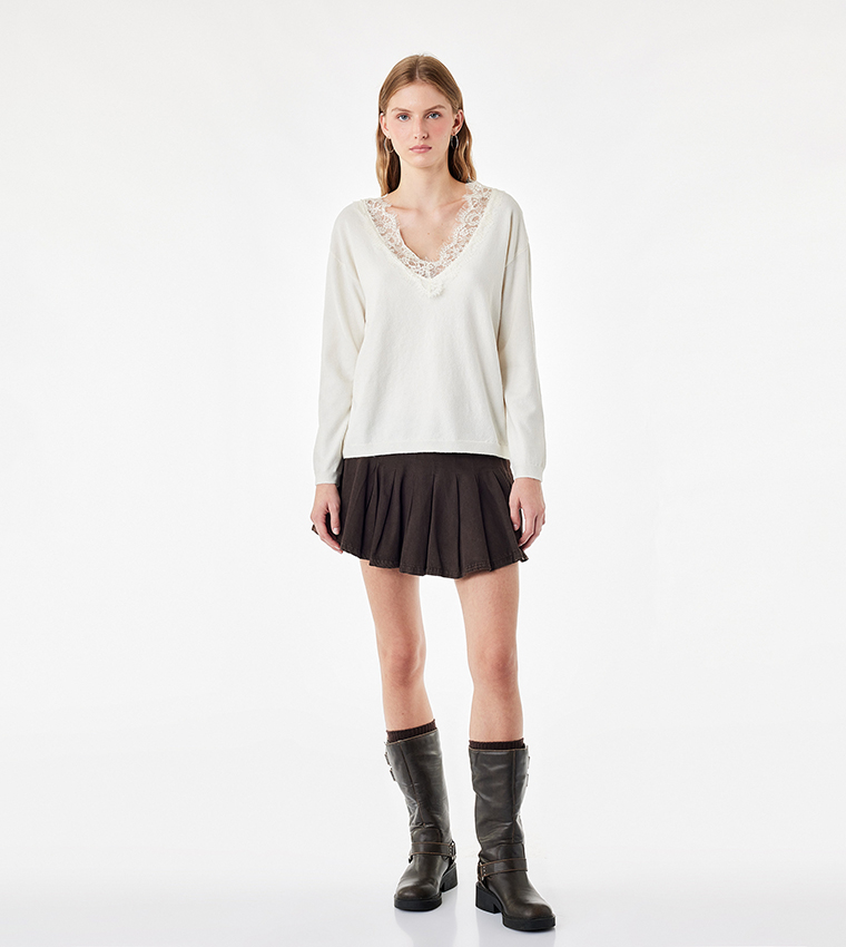 Lace Trim V Neck Sweater