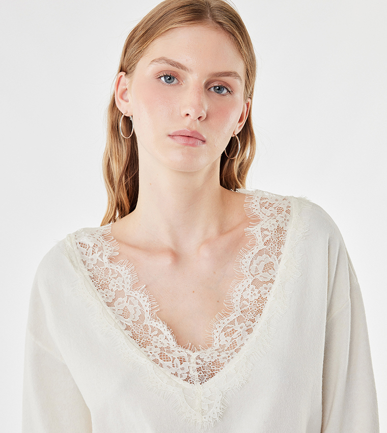 Lace Trim V Neck Sweater