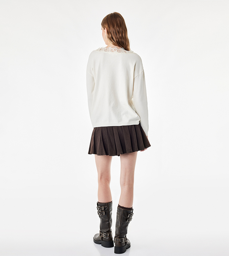 Lace Trim V Neck Sweater