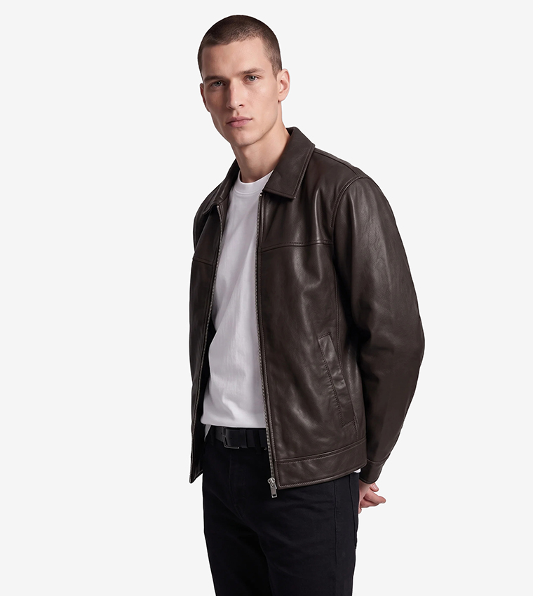 Solid Zip-Through Faux Leather Jacket