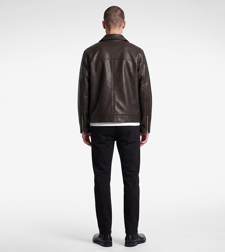 Solid Zip-Through Faux Leather Jacket