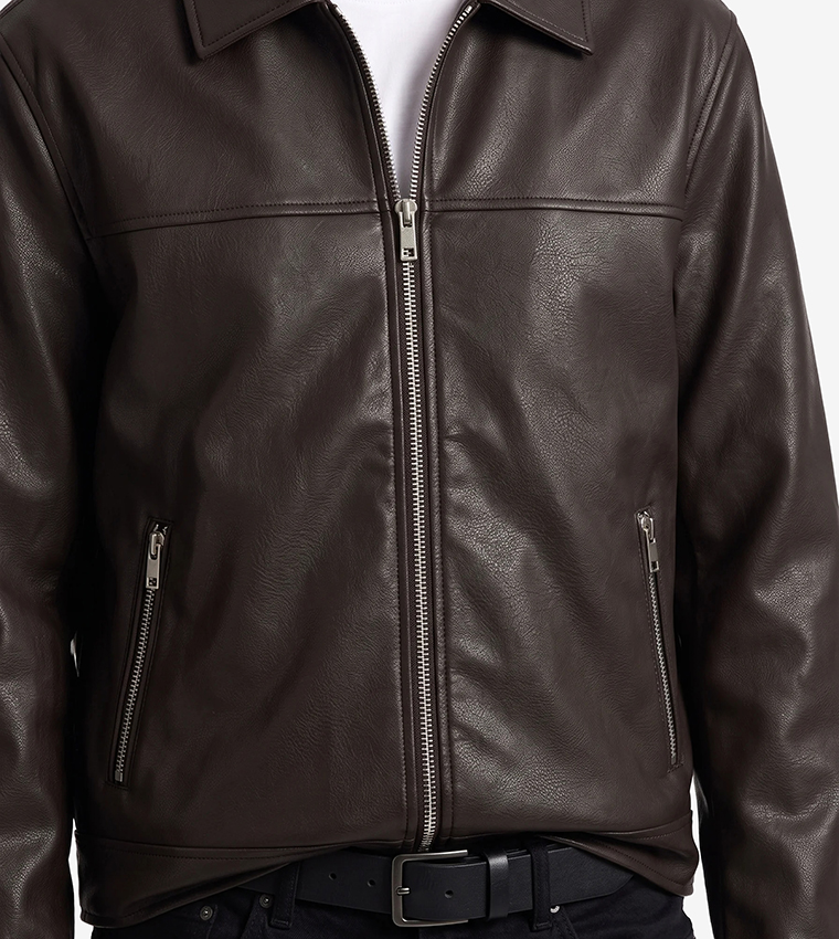 Solid Zip-Through Faux Leather Jacket