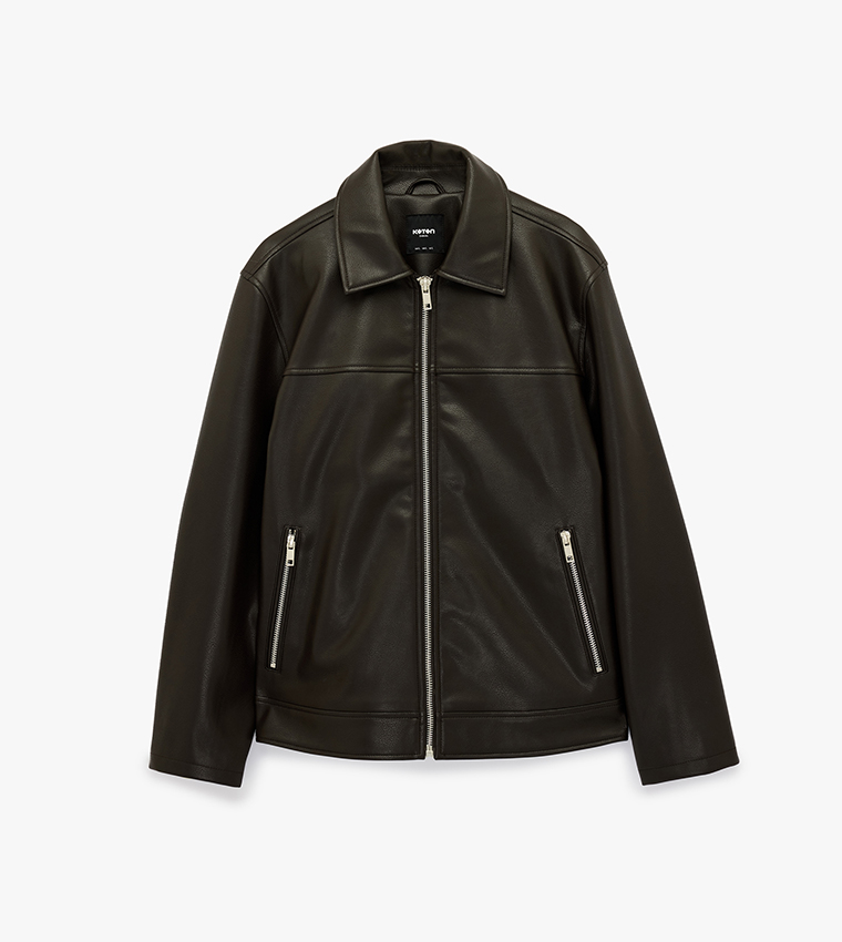 Solid Zip-Through Faux Leather Jacket