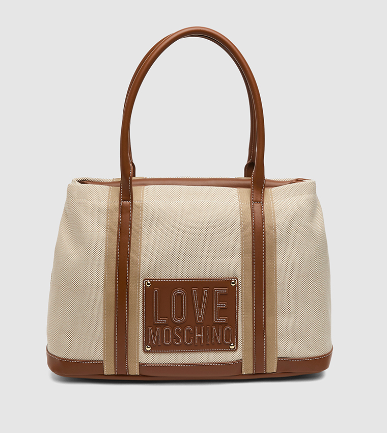 Buy Love Moschino Logo Badge Canvas Tote Bag In Natural