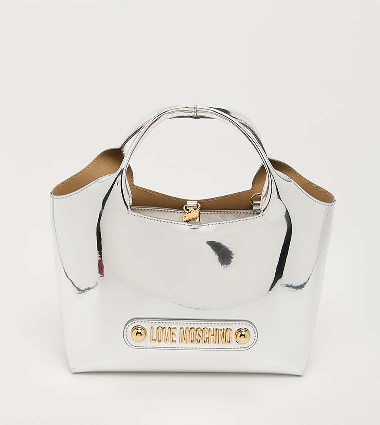 Buy Love Moschino Logo Detail Metallic Handheld Bag In Silver