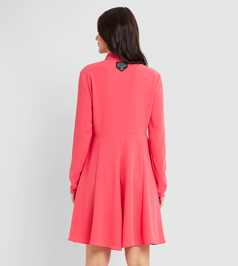 Button Detail Long Sleeves Flared Dress