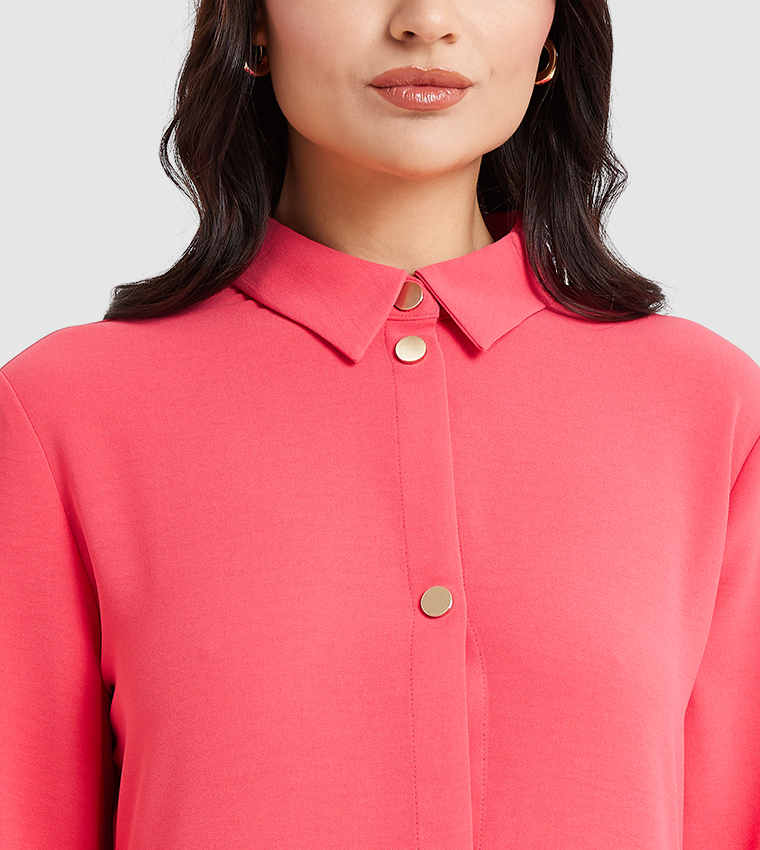 Button Detail Long Sleeves Flared Dress