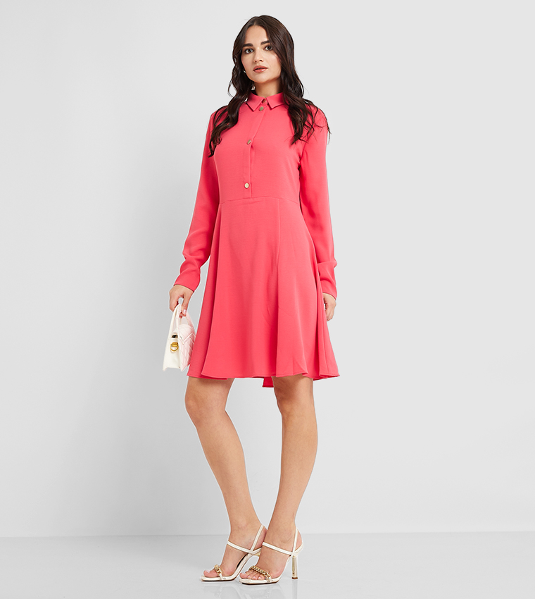 Button Detail Long Sleeves Flared Dress