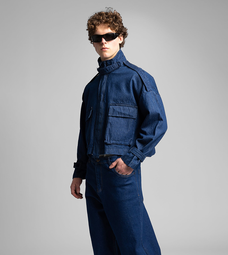 Solid High Neck Utility Denim Jacket