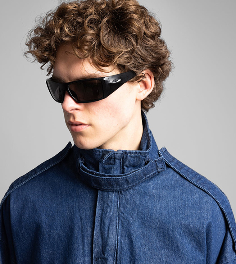 Solid High Neck Utility Denim Jacket