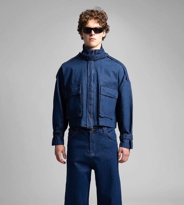 Solid High Neck Utility Denim Jacket