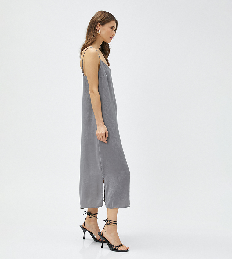 Adjustable Strappy Slit Midi Dress